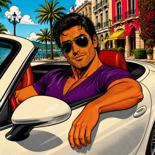 Pop art comic book cover for the drill diss track Brand New Low showing a dark haired tan man sitting in a convertible Bentley flexing wealth