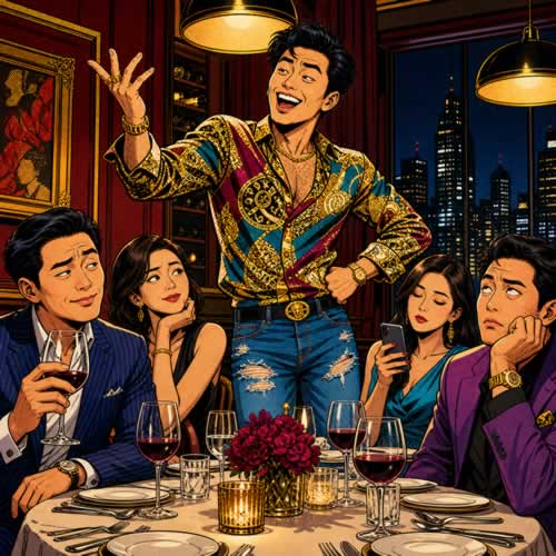Pop art comic style cover art for the metal diss track Korean Clownshoe showing a narcissistic Korean man at a dinner table trying to impress an unimpressed crowd