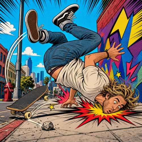 Comic style pop art cover for the punk diss song Mahalo Motherfucker showing a kid crashing off a skateboard mid faceplant on the pavement
