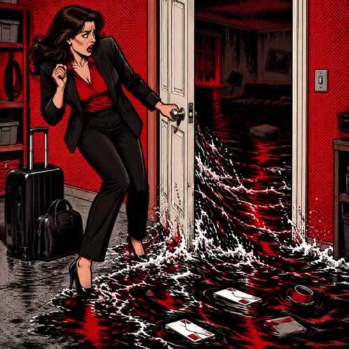 Pop art comic style cover for the metal diss song You Selfish F*cking B*tch showing a shocked brunette businesswoman returning to a flooded house